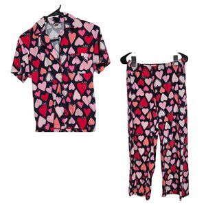 Old Navy Heart Print Pajama Set Womens Size Medium Short Sleeve Top Long Pants